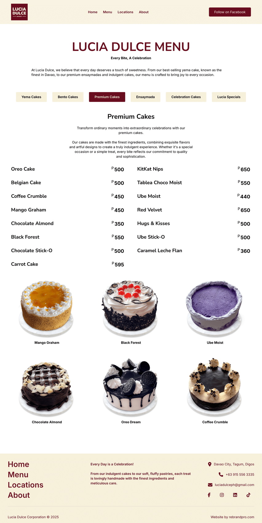 Lucia Dulce Menu Page