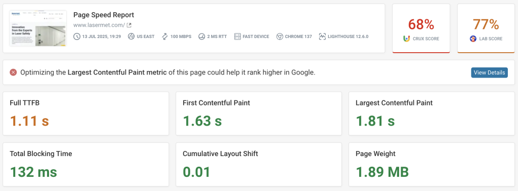Lasermet Homepage Before Page Caching